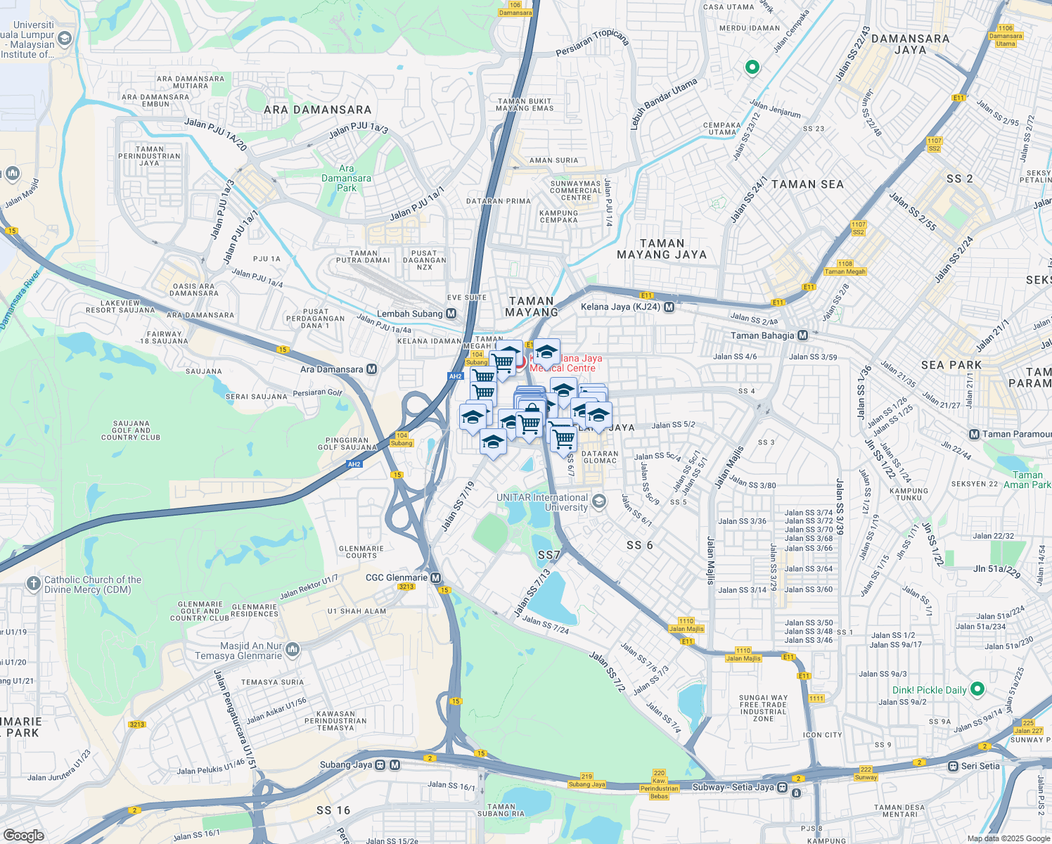 map of restaurants, bars, coffee shops, grocery stores, and more near Jalan SS 7/26 in Petaling Jaya