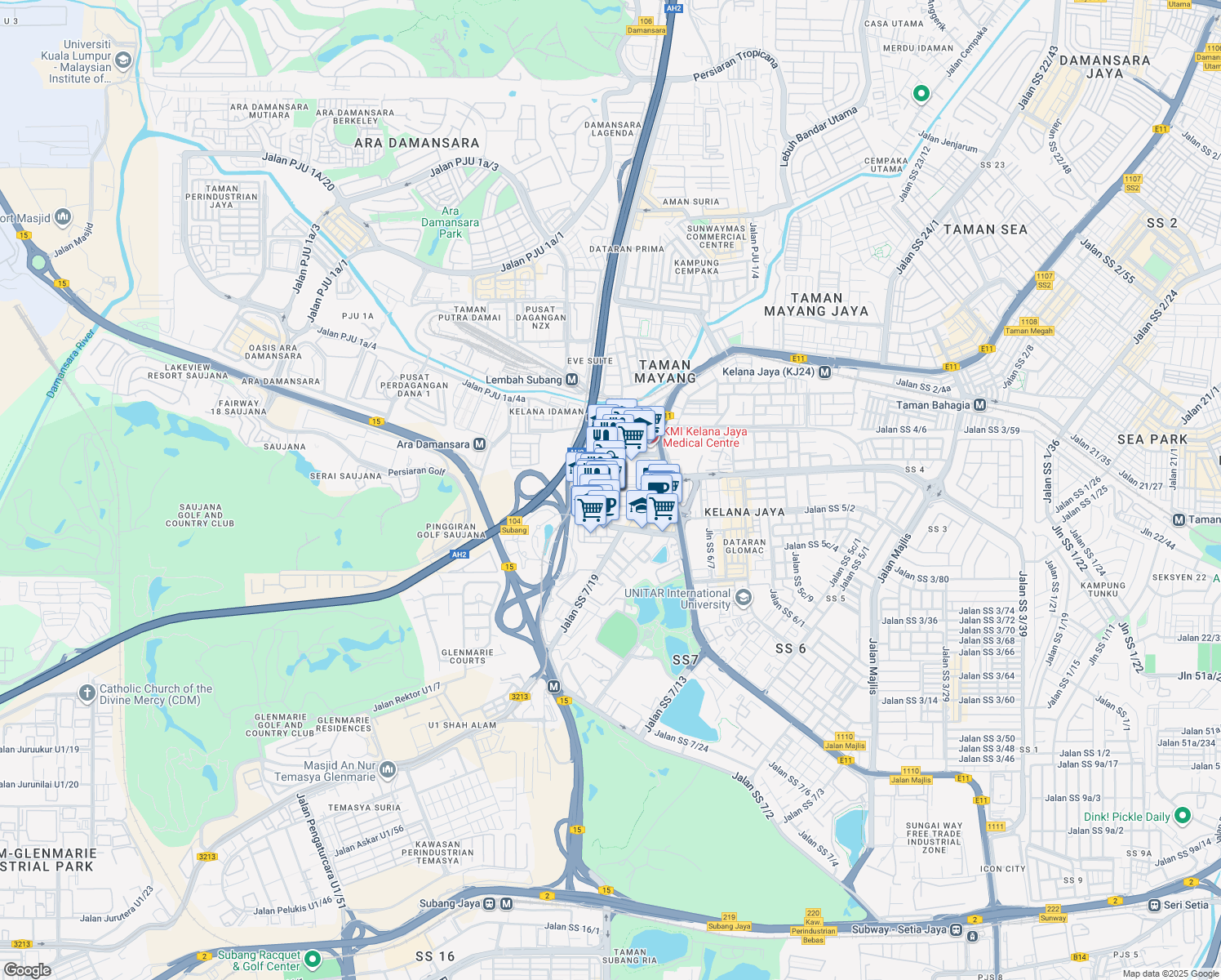 map of restaurants, bars, coffee shops, grocery stores, and more near 7 Jalan SS 7/26 in Petaling Jaya