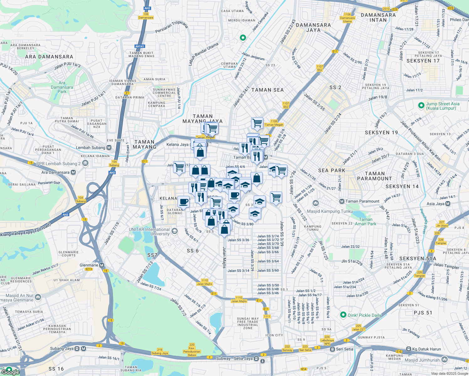 map of restaurants, bars, coffee shops, grocery stores, and more near 14 Jalan SS 5d/4 in Petaling Jaya
