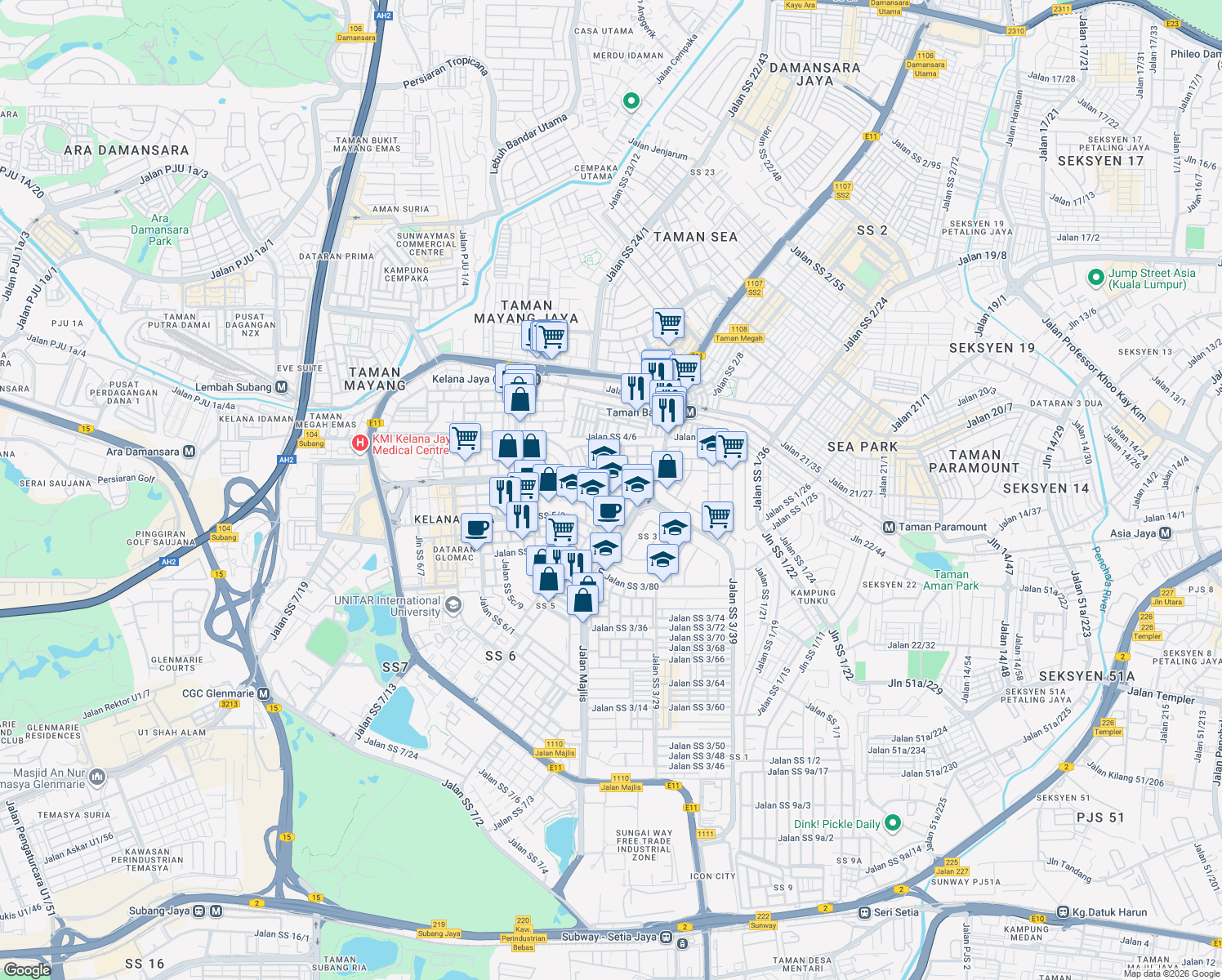 map of restaurants, bars, coffee shops, grocery stores, and more near 14 Jalan SS 5d/4 in Petaling Jaya
