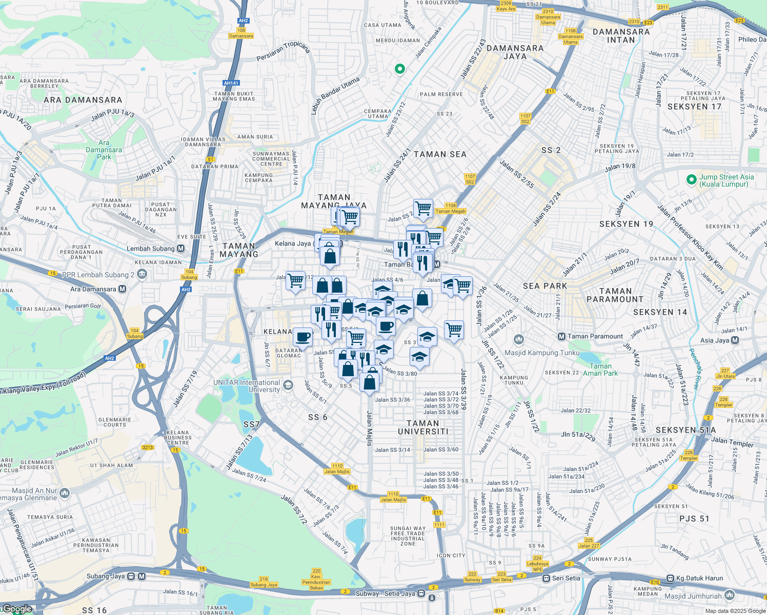 map of restaurants, bars, coffee shops, grocery stores, and more near 14 Jalan SS 5d/4 in Petaling Jaya