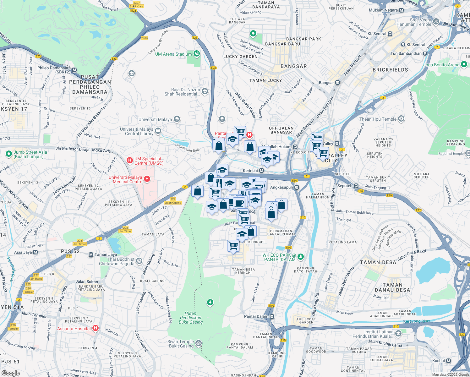 map of restaurants, bars, coffee shops, grocery stores, and more near Jalan Kerinchi Kiri 2 in Kuala Lumpur