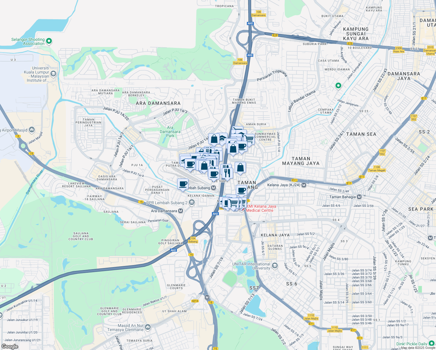 map of restaurants, bars, coffee shops, grocery stores, and more near Jalan PJU 1A/41 in Petaling Jaya