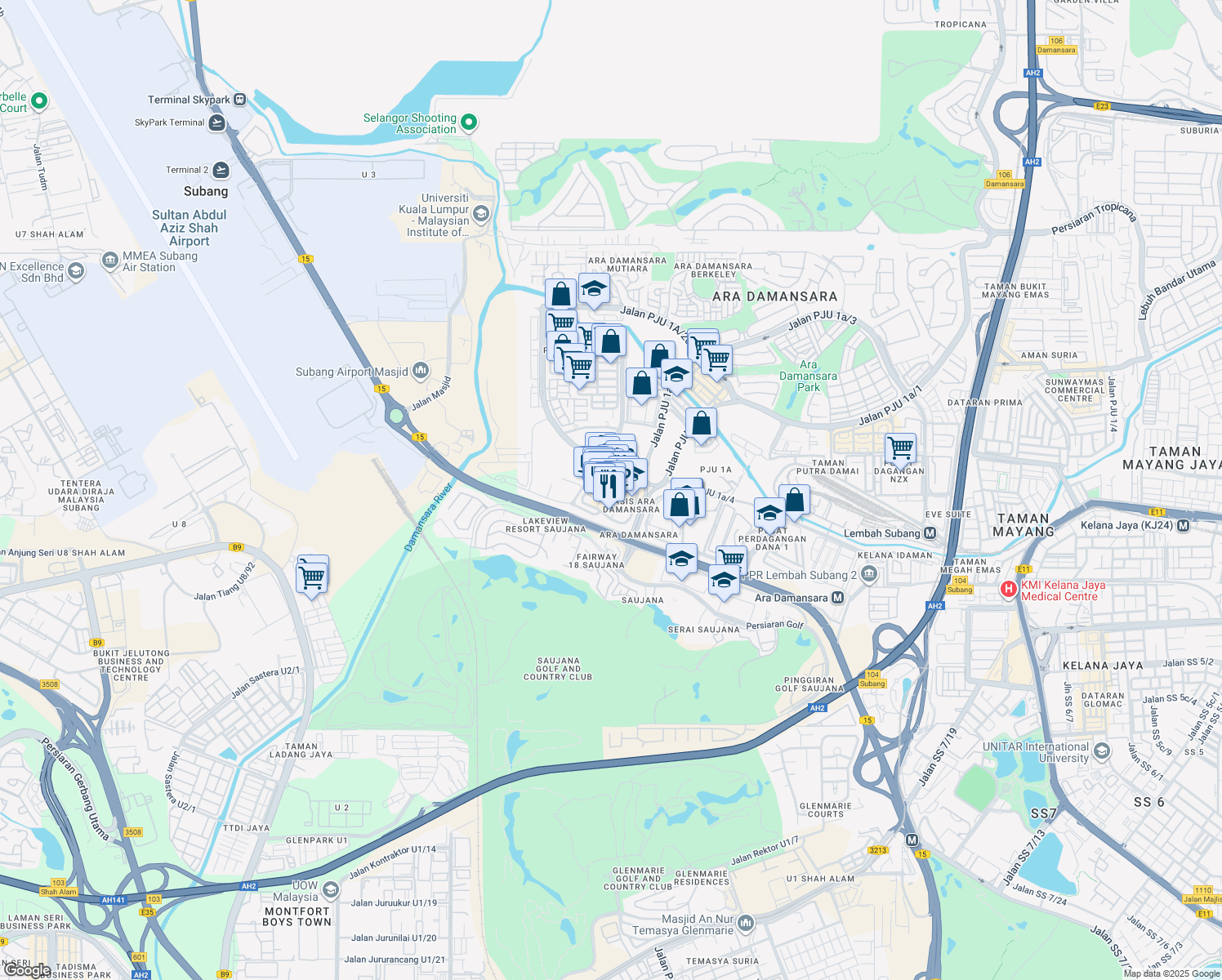 map of restaurants, bars, coffee shops, grocery stores, and more near 2 Jalan PJU 1A/7 in Petaling Jaya