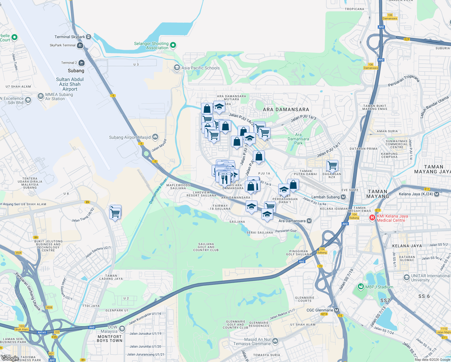 map of restaurants, bars, coffee shops, grocery stores, and more near 2 Jalan PJU 1A/7 in Petaling Jaya