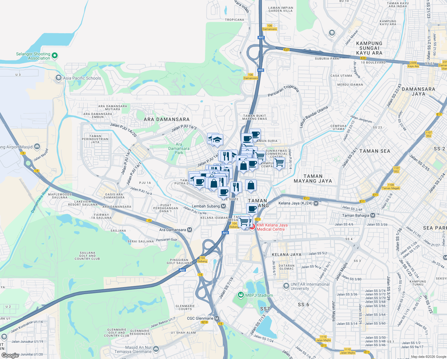 map of restaurants, bars, coffee shops, grocery stores, and more near Jalan PJU 1A/41 in Petaling Jaya