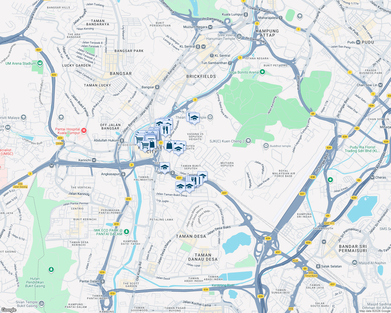 map of restaurants, bars, coffee shops, grocery stores, and more near in Kuala Lumpur