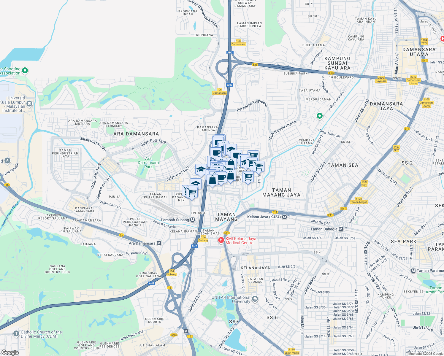 map of restaurants, bars, coffee shops, grocery stores, and more near Jalan PJU 1/39 in Petaling Jaya