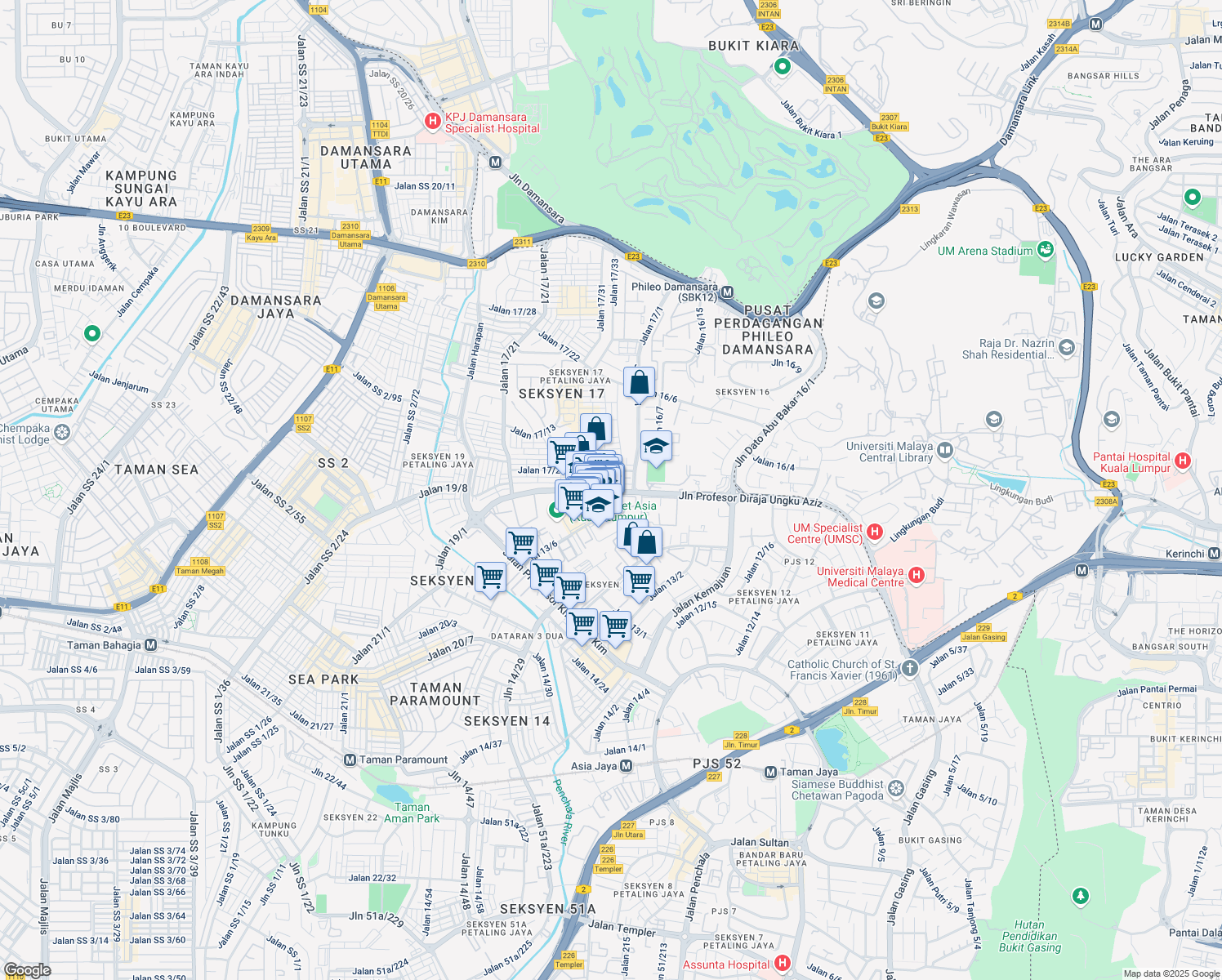 map of restaurants, bars, coffee shops, grocery stores, and more near Jalan Profesor Diraja Ungku Aziz in Petaling Jaya