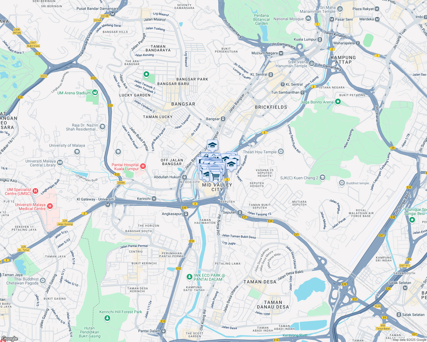 map of restaurants, bars, coffee shops, grocery stores, and more near Lingkaran Syed Putra in Kuala Lumpur