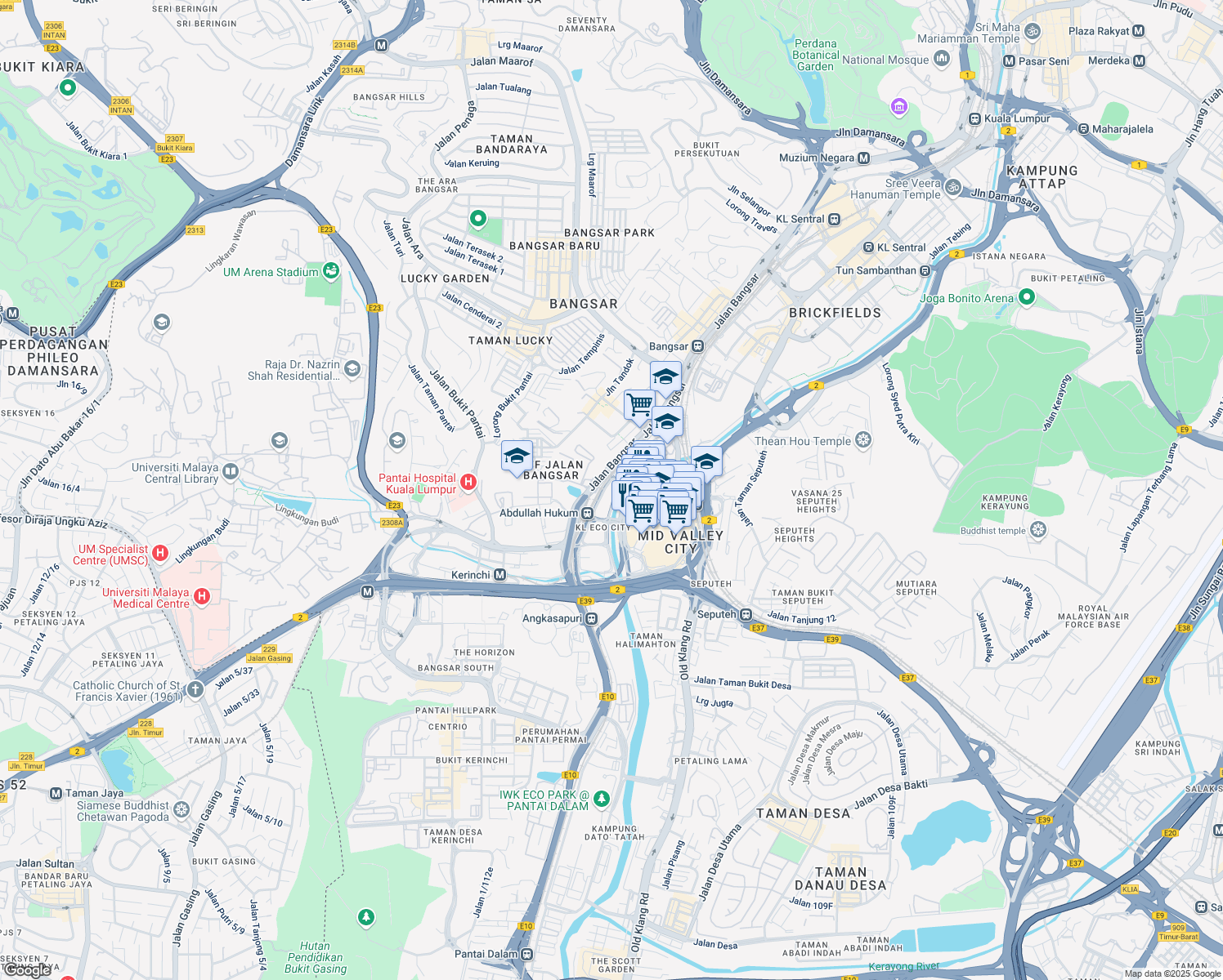 map of restaurants, bars, coffee shops, grocery stores, and more near 3 Jalan Bangsar in Kuala Lumpur