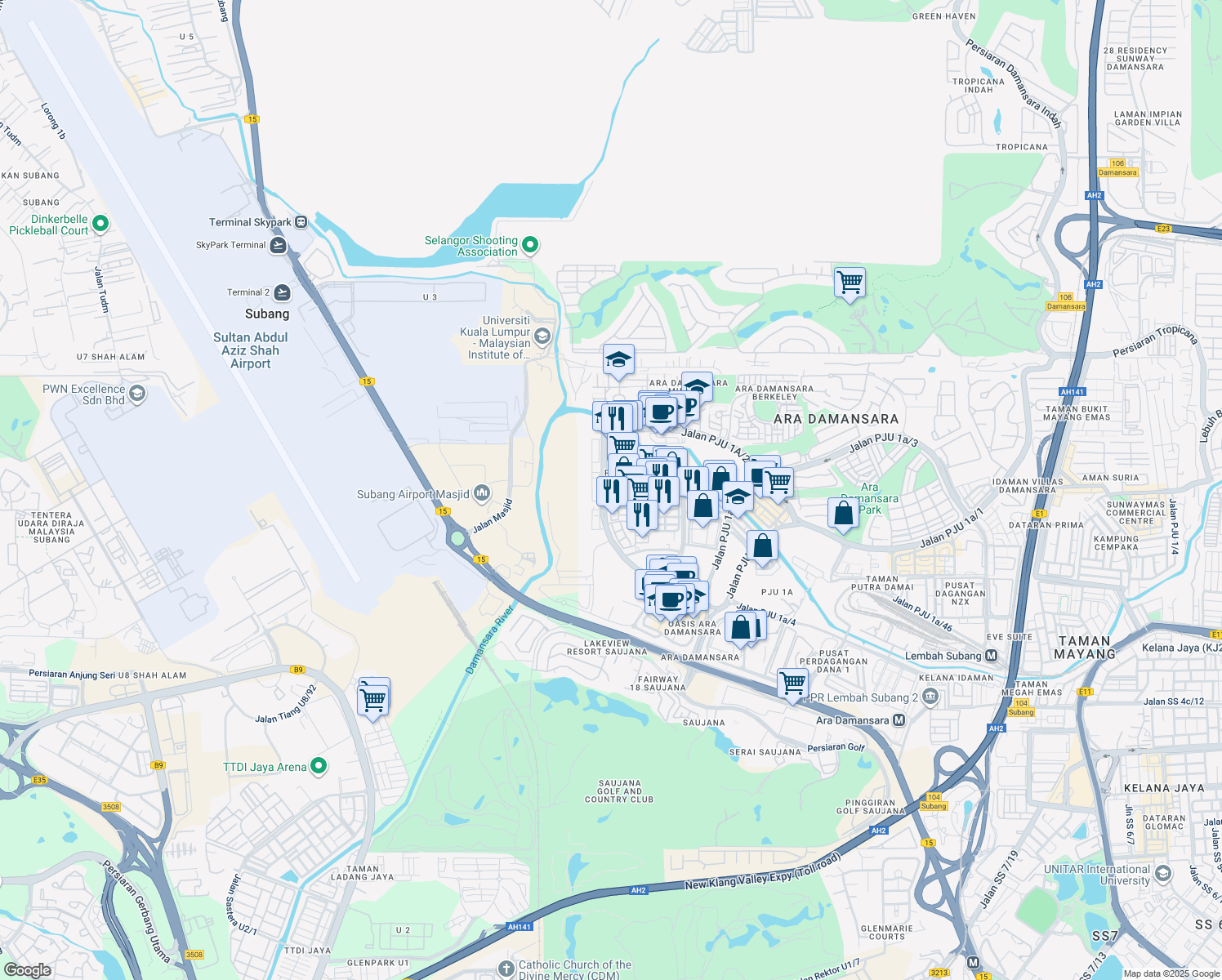 map of restaurants, bars, coffee shops, grocery stores, and more near 10 Jalan PJU 1a/11 in Petaling Jaya