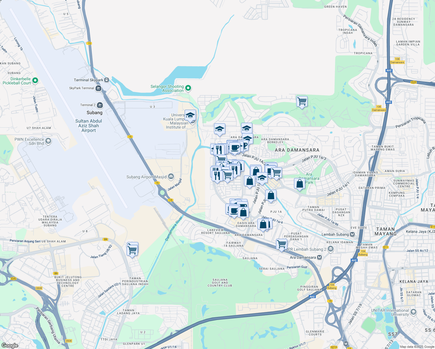 map of restaurants, bars, coffee shops, grocery stores, and more near 10 Jalan PJU 1a/11 in Petaling Jaya