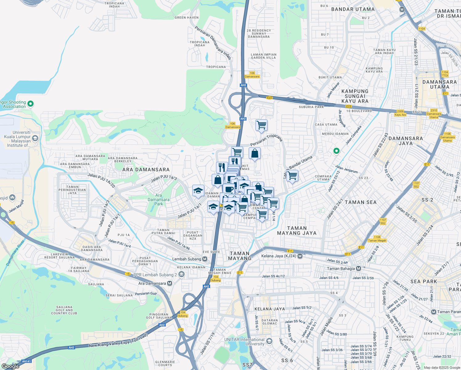 map of restaurants, bars, coffee shops, grocery stores, and more near Jalan Bukit Mayang Emas in Petaling Jaya