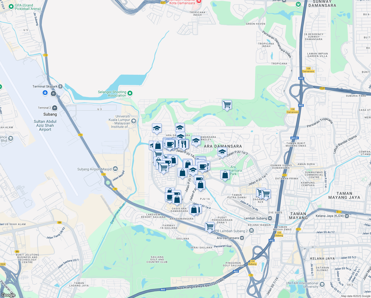 map of restaurants, bars, coffee shops, grocery stores, and more near Jalan PJU 1a/21 in Petaling Jaya