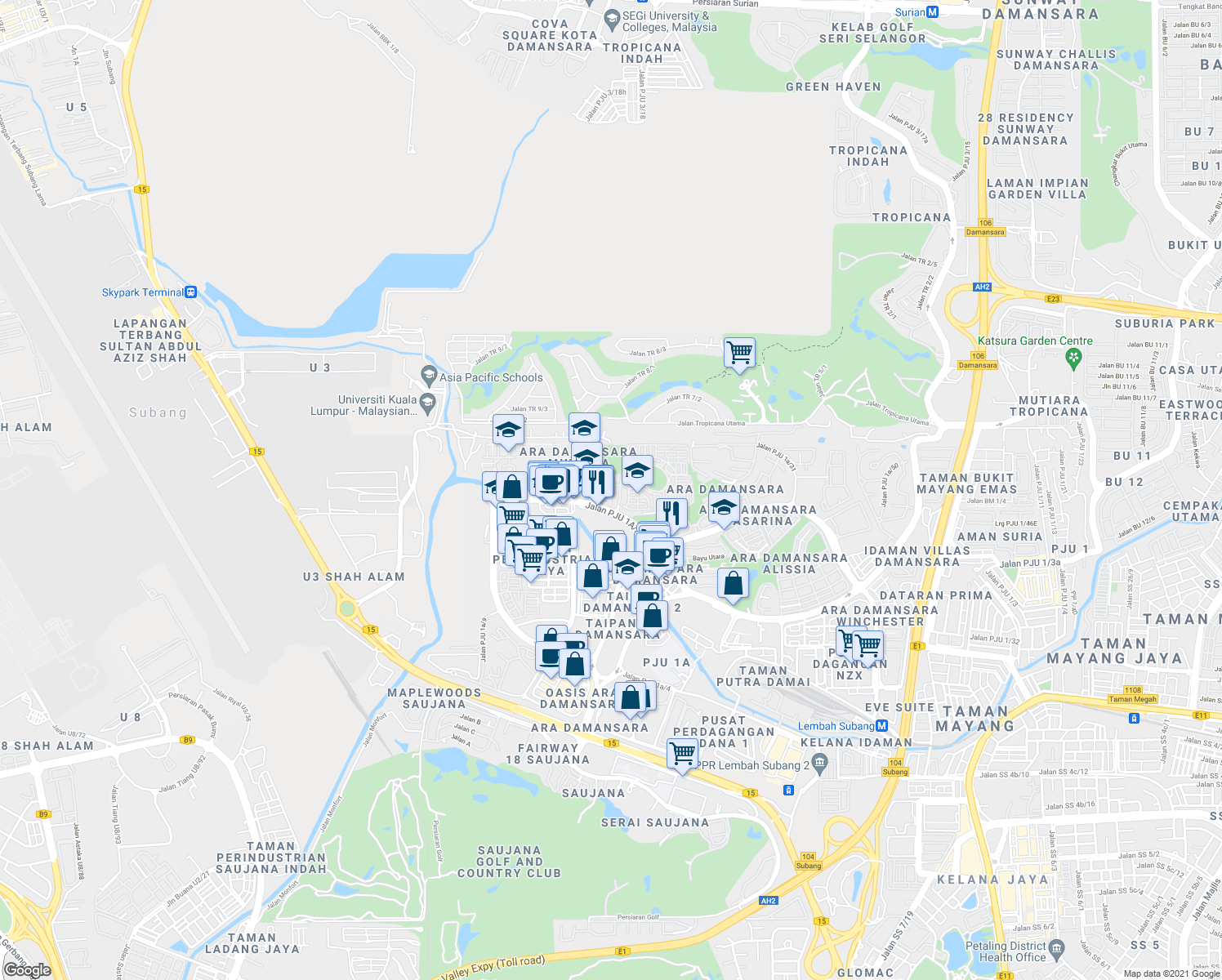 map of restaurants, bars, coffee shops, grocery stores, and more near Jalan PJU 1a/21 in Petaling Jaya