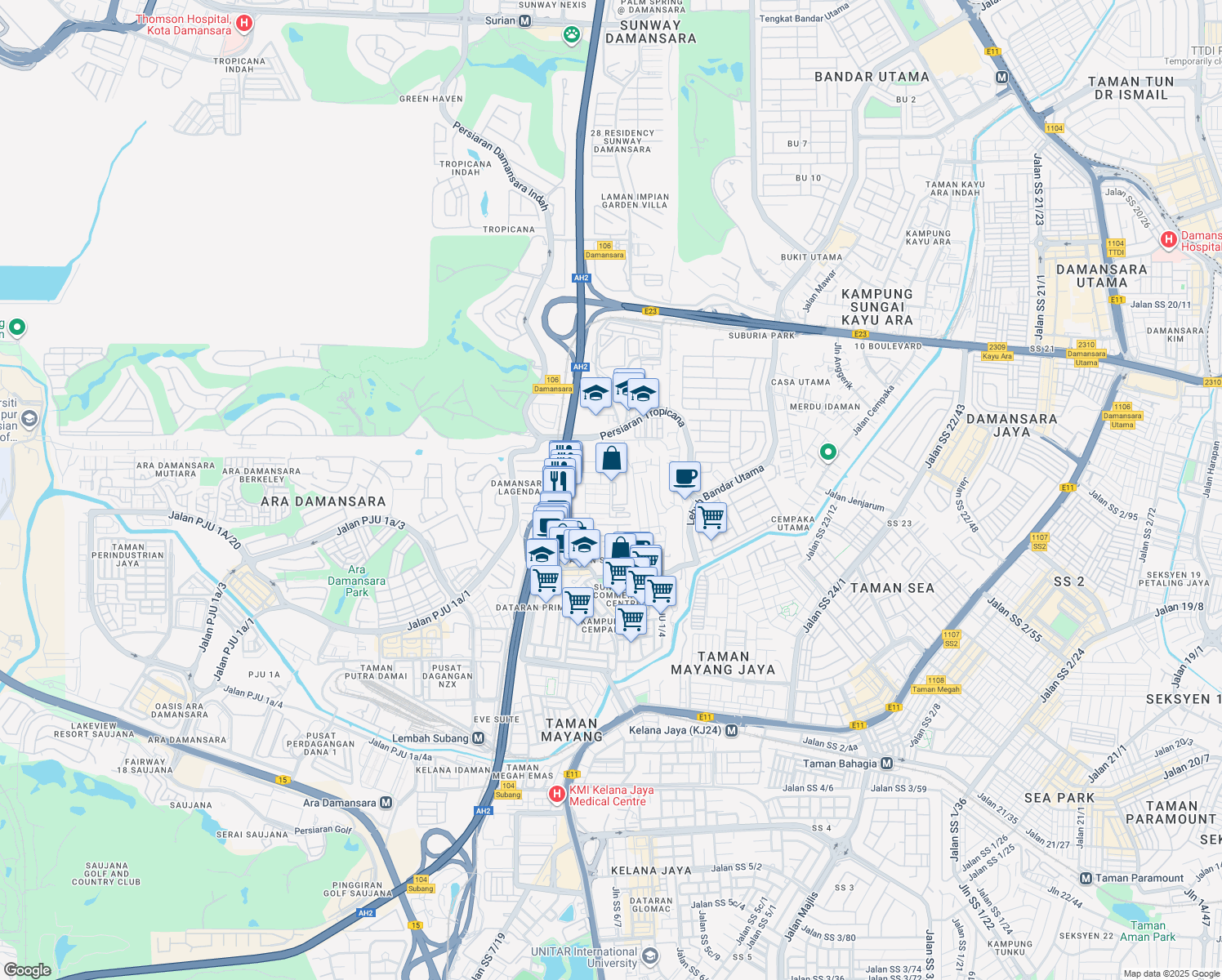 map of restaurants, bars, coffee shops, grocery stores, and more near Jalan BM 1/8 in Petaling Jaya