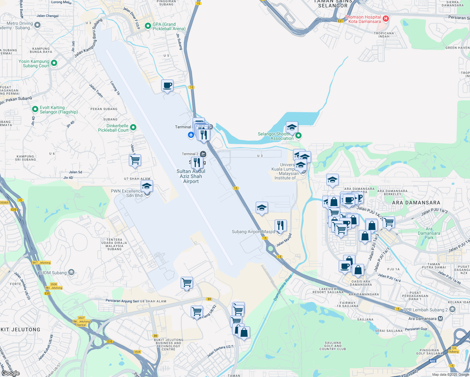 map of restaurants, bars, coffee shops, grocery stores, and more near Jalan Lapangan Terbang Subang in Subang Airport