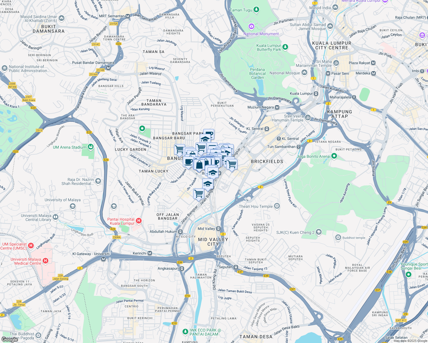 map of restaurants, bars, coffee shops, grocery stores, and more near 5 Jalan Bangsar Utama 1 in Kuala Lumpur