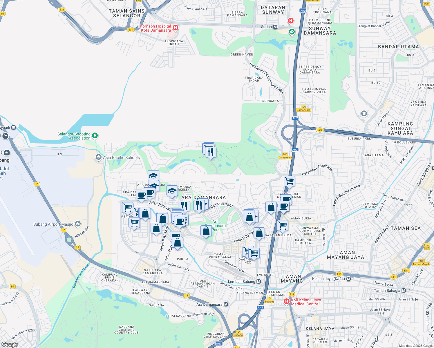 map of restaurants, bars, coffee shops, grocery stores, and more near Jalan Tropicana Utama & Jalan Kelab Tropicana in Petaling Jaya