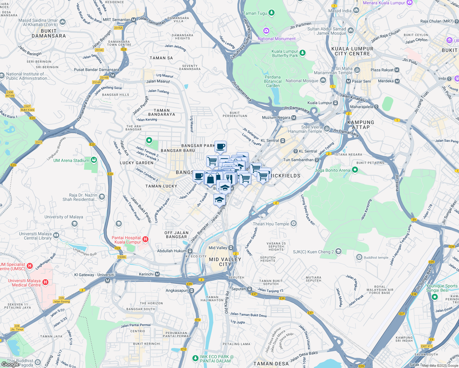 map of restaurants, bars, coffee shops, grocery stores, and more near 5 Jalan Bangsar Utama 1 in Kuala Lumpur