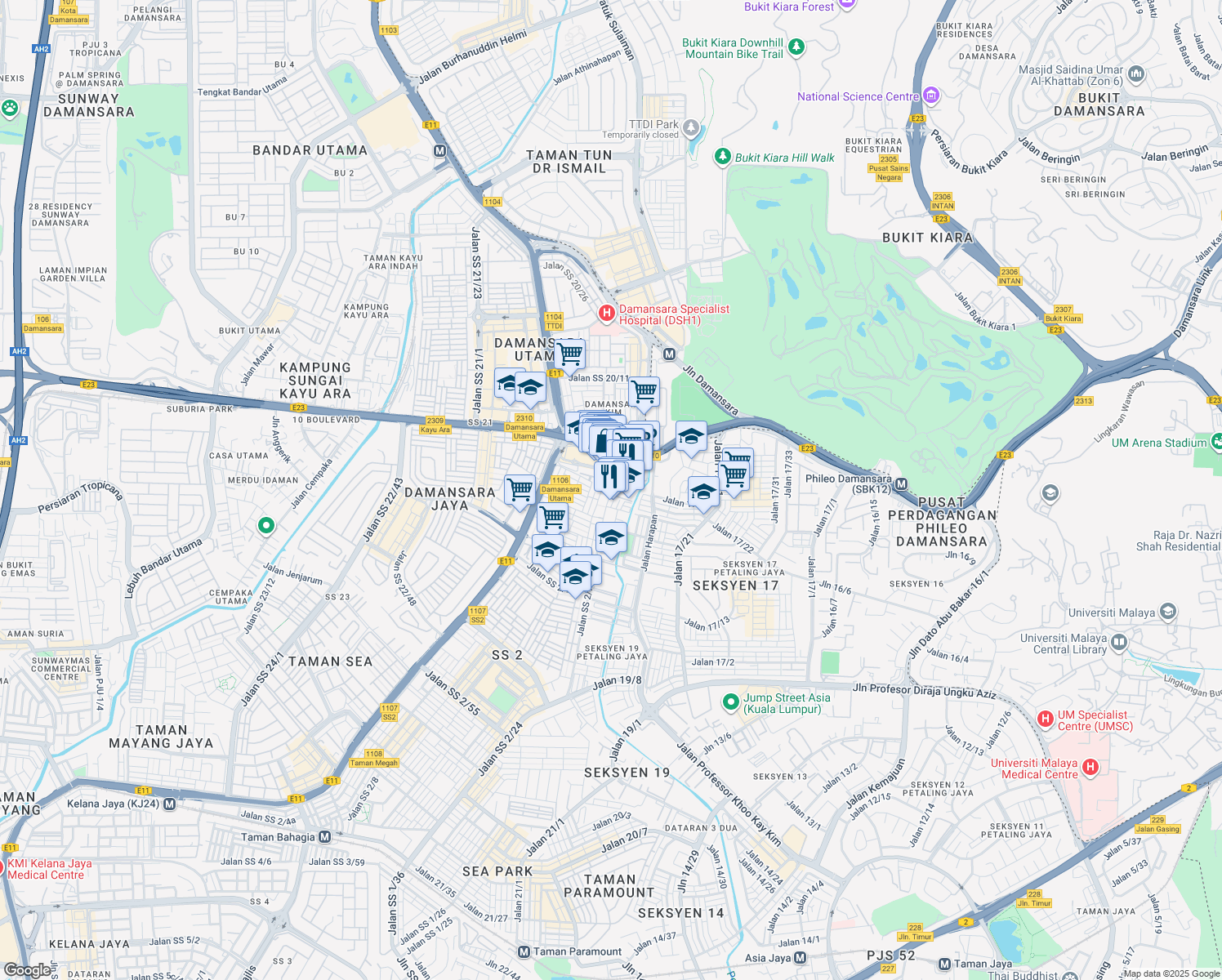 map of restaurants, bars, coffee shops, grocery stores, and more near 217 Jalan SS 2/72 in Petaling Jaya