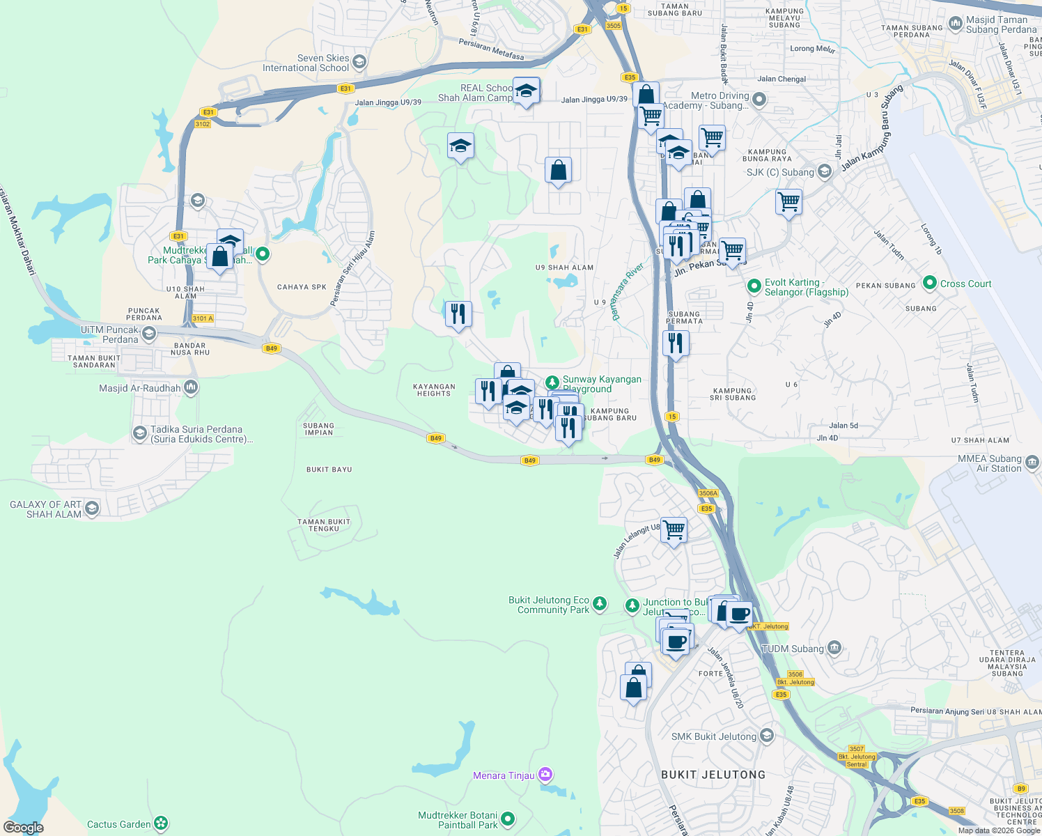 map of restaurants, bars, coffee shops, grocery stores, and more near 1 Jalan Ungu U9/36 in Shah Alam