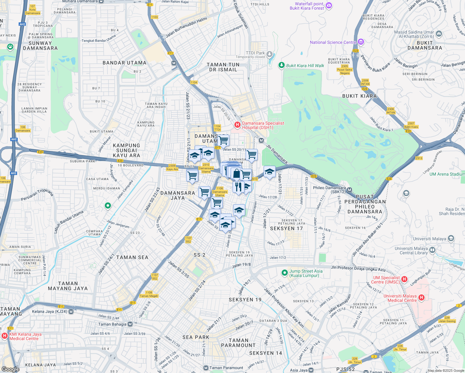 map of restaurants, bars, coffee shops, grocery stores, and more near 1 Jalan SS 2/113 in Petaling Jaya