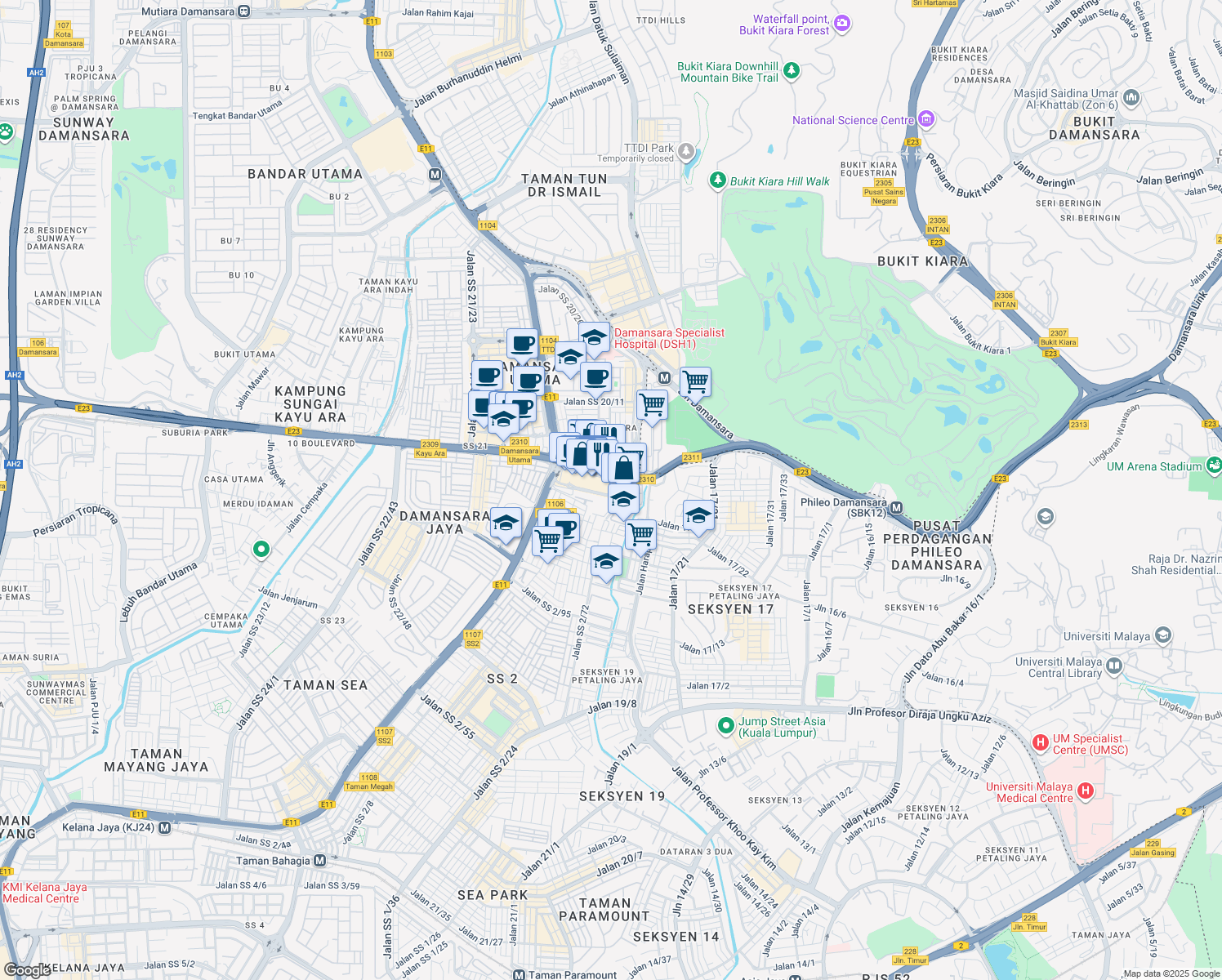 map of restaurants, bars, coffee shops, grocery stores, and more near Jalan SS 20/27 in Petaling Jaya