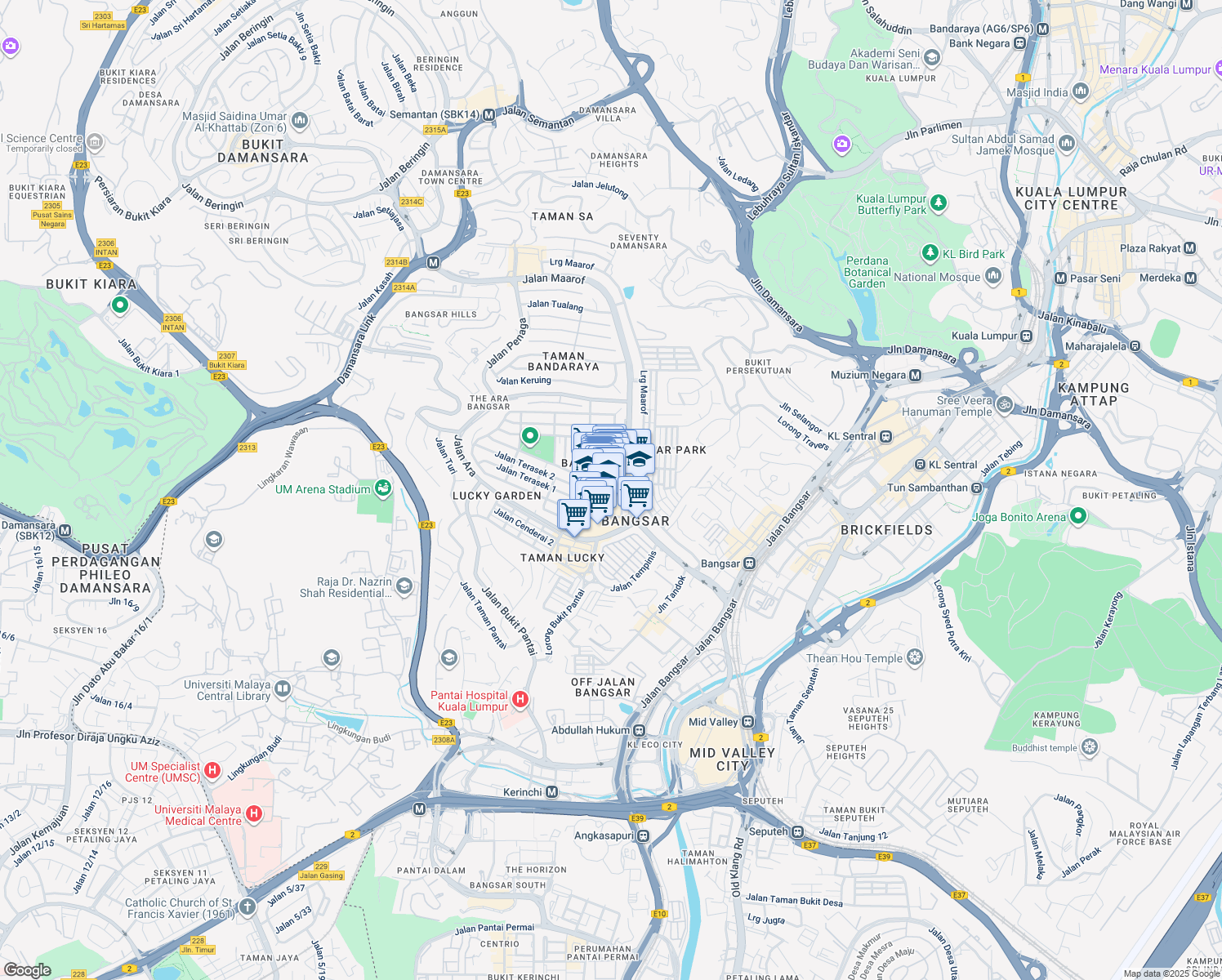 map of restaurants, bars, coffee shops, grocery stores, and more near Jalan Telawi 2 in Kuala Lumpur