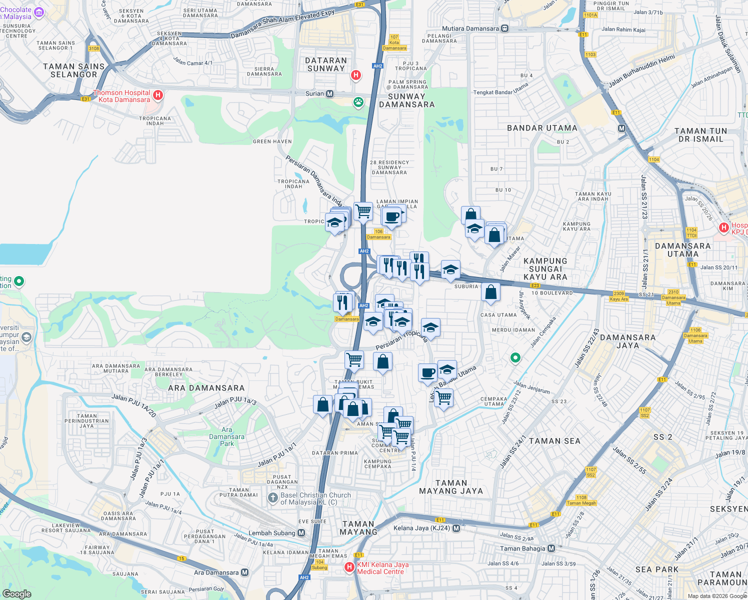 map of restaurants, bars, coffee shops, grocery stores, and more near 3 Jalan Tropicana Selatan in Petaling Jaya