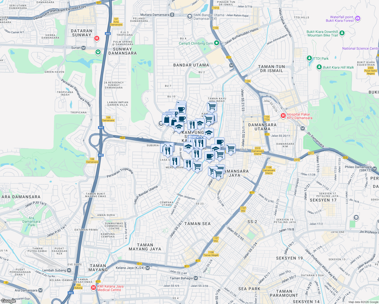 map of restaurants, bars, coffee shops, grocery stores, and more near Jalan Kenanga in Petaling Jaya