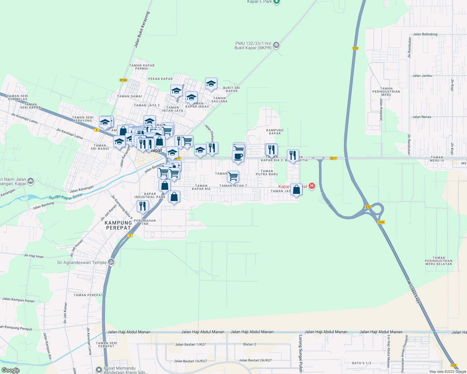 map of restaurants, bars, coffee shops, grocery stores, and more near Jalan Dato' Tahir Manan in Kapar