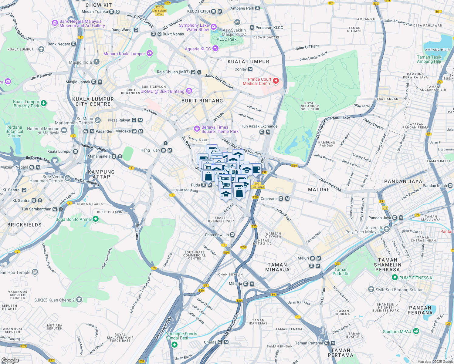 map of restaurants, bars, coffee shops, grocery stores, and more near 38 Jalan Pasar in Kuala Lumpur