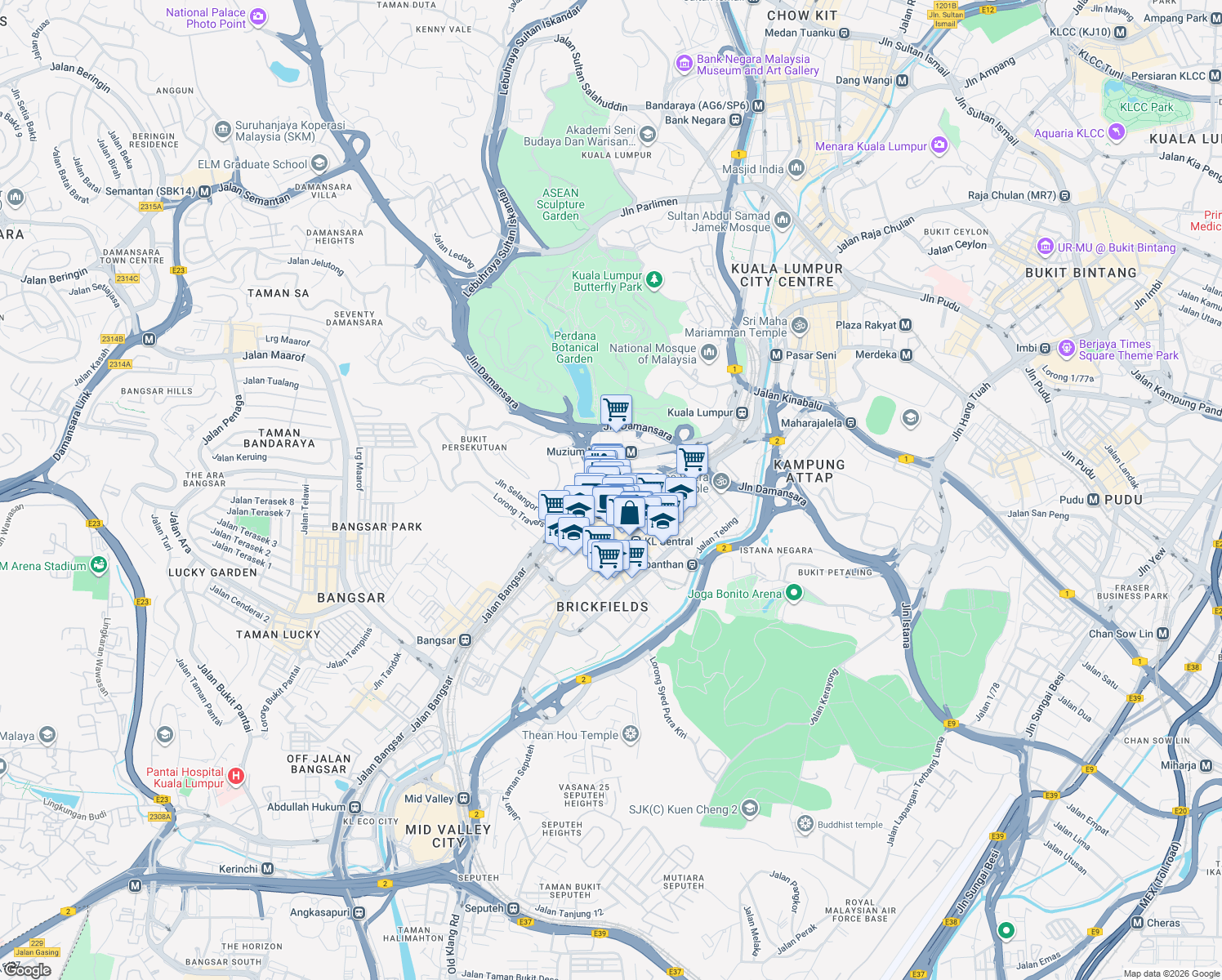 map of restaurants, bars, coffee shops, grocery stores, and more near Jalan Stesen Sentral in Kuala Lumpur