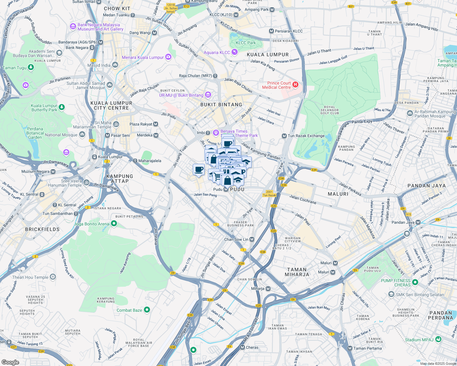 map of restaurants, bars, coffee shops, grocery stores, and more near Jalan Pudu & Jalan Kancil in Kuala Lumpur