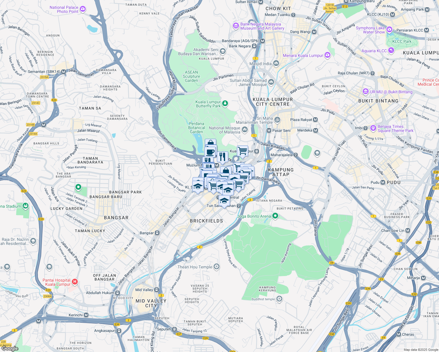 map of restaurants, bars, coffee shops, grocery stores, and more near Jalan Stesen Sentral in Kuala Lumpur