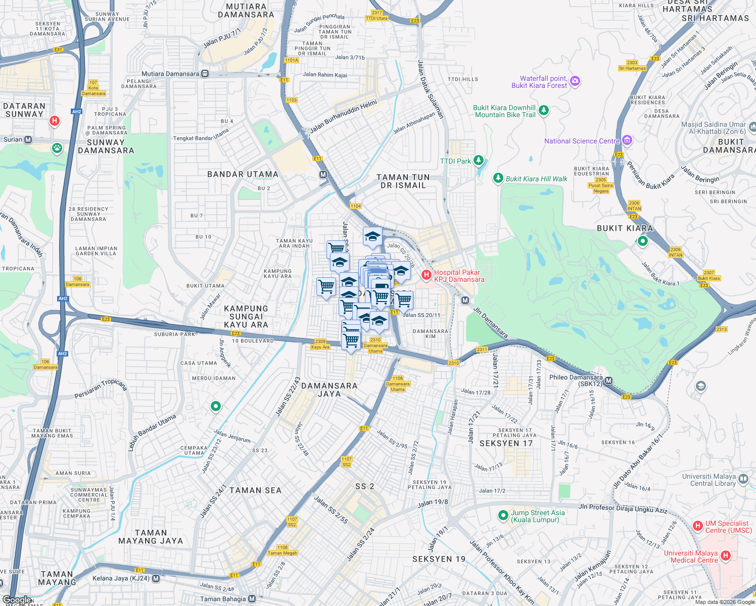 map of restaurants, bars, coffee shops, grocery stores, and more near 2a Jalan SS 21/37 in Petaling Jaya