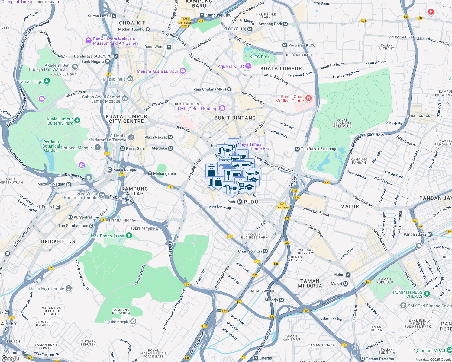 map of restaurants, bars, coffee shops, grocery stores, and more near 221 Jalan Pudu in Kuala Lumpur