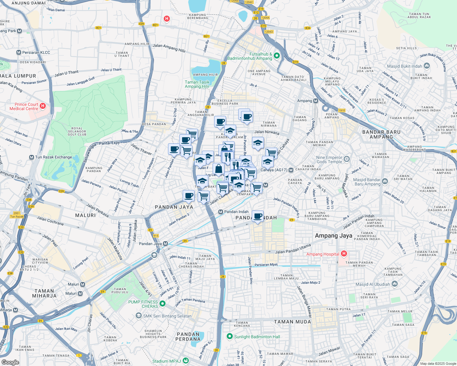 map of restaurants, bars, coffee shops, grocery stores, and more near Jalan Cempaka 25 & Jalan Cempaka 26 in Ampang