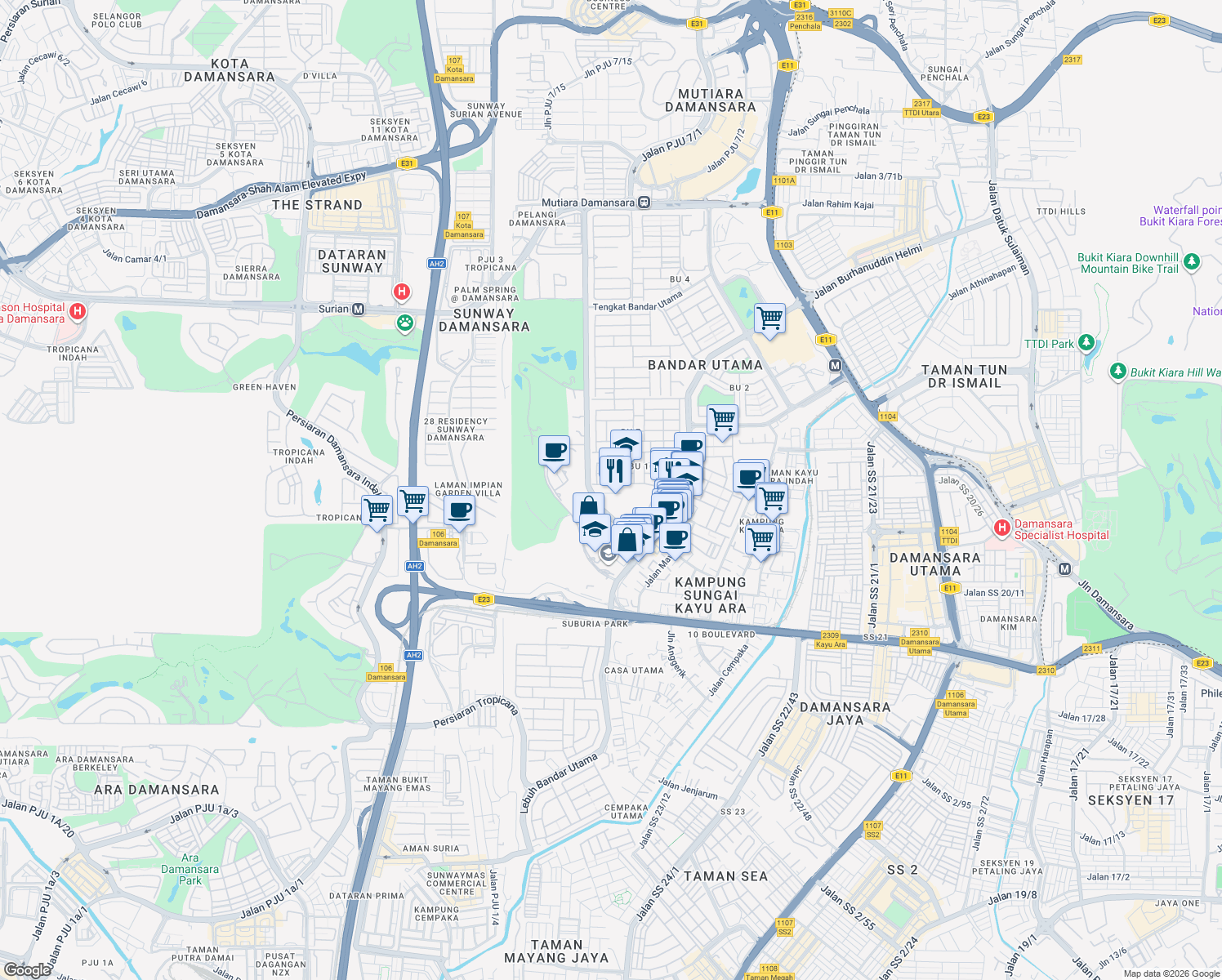 map of restaurants, bars, coffee shops, grocery stores, and more near Persiaran Bukit Utama in Petaling Jaya