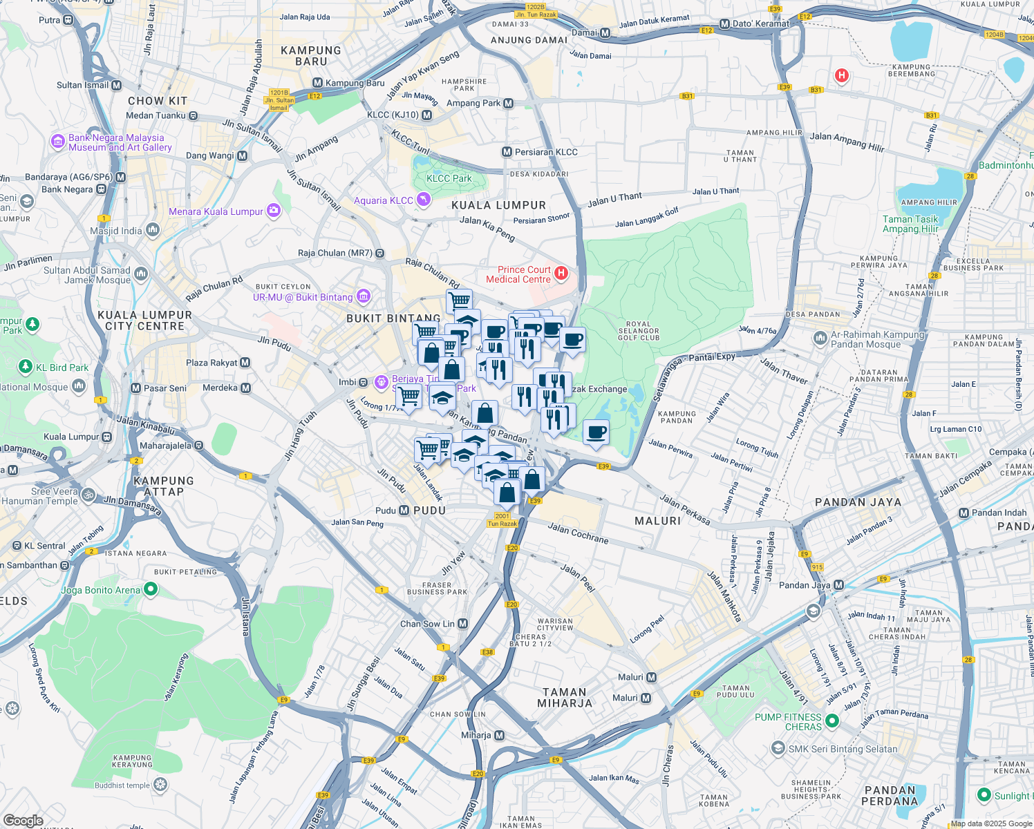 map of restaurants, bars, coffee shops, grocery stores, and more near Lingkaran TRX in Kuala Lumpur