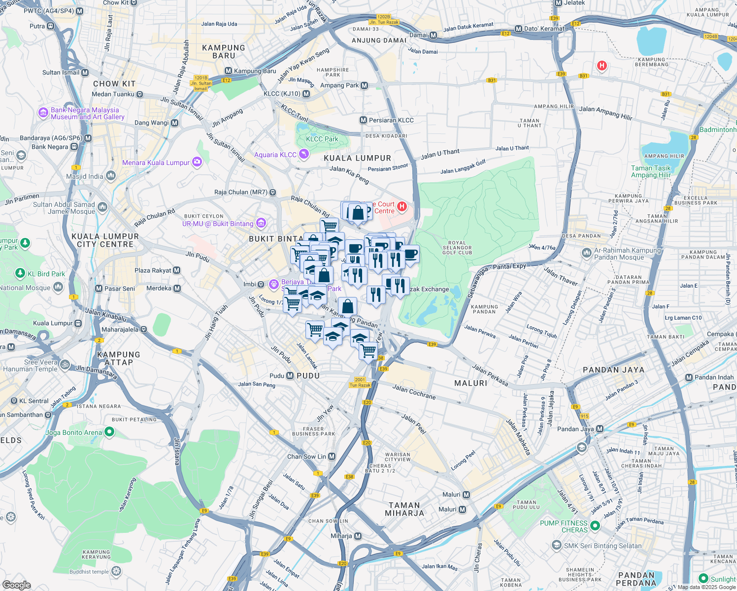 map of restaurants, bars, coffee shops, grocery stores, and more near Lingkaran TRX in Kuala Lumpur