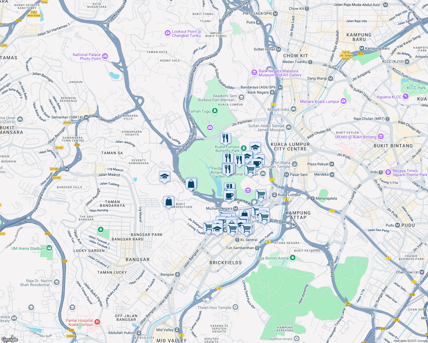map of restaurants, bars, coffee shops, grocery stores, and more near Jalan Kebun Bunga in Kuala Lumpur