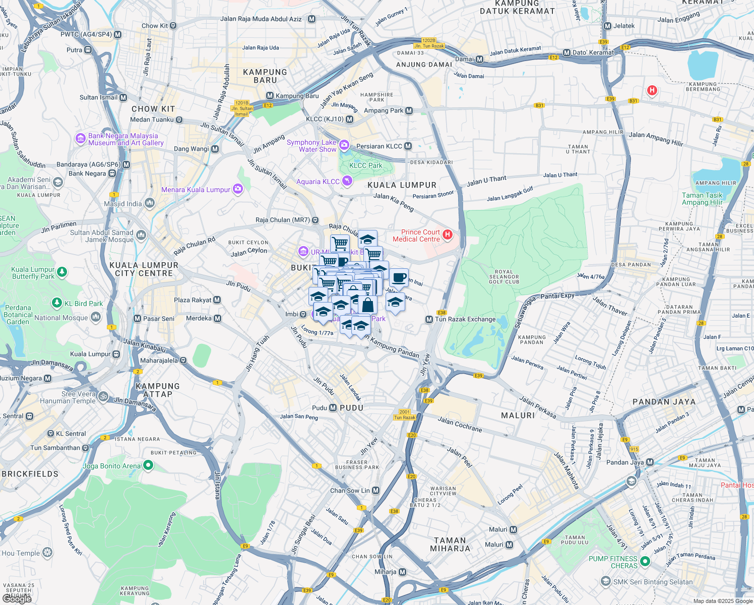 map of restaurants, bars, coffee shops, grocery stores, and more near 12 Jalan Barat in Kuala Lumpur