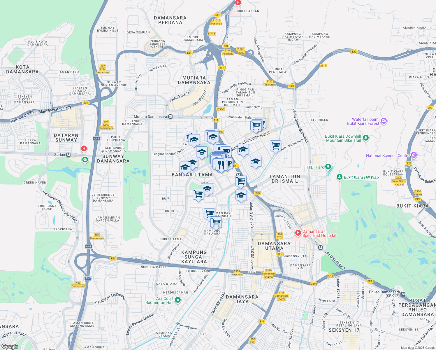 map of restaurants, bars, coffee shops, grocery stores, and more near 1 First Avenue in Petaling Jaya