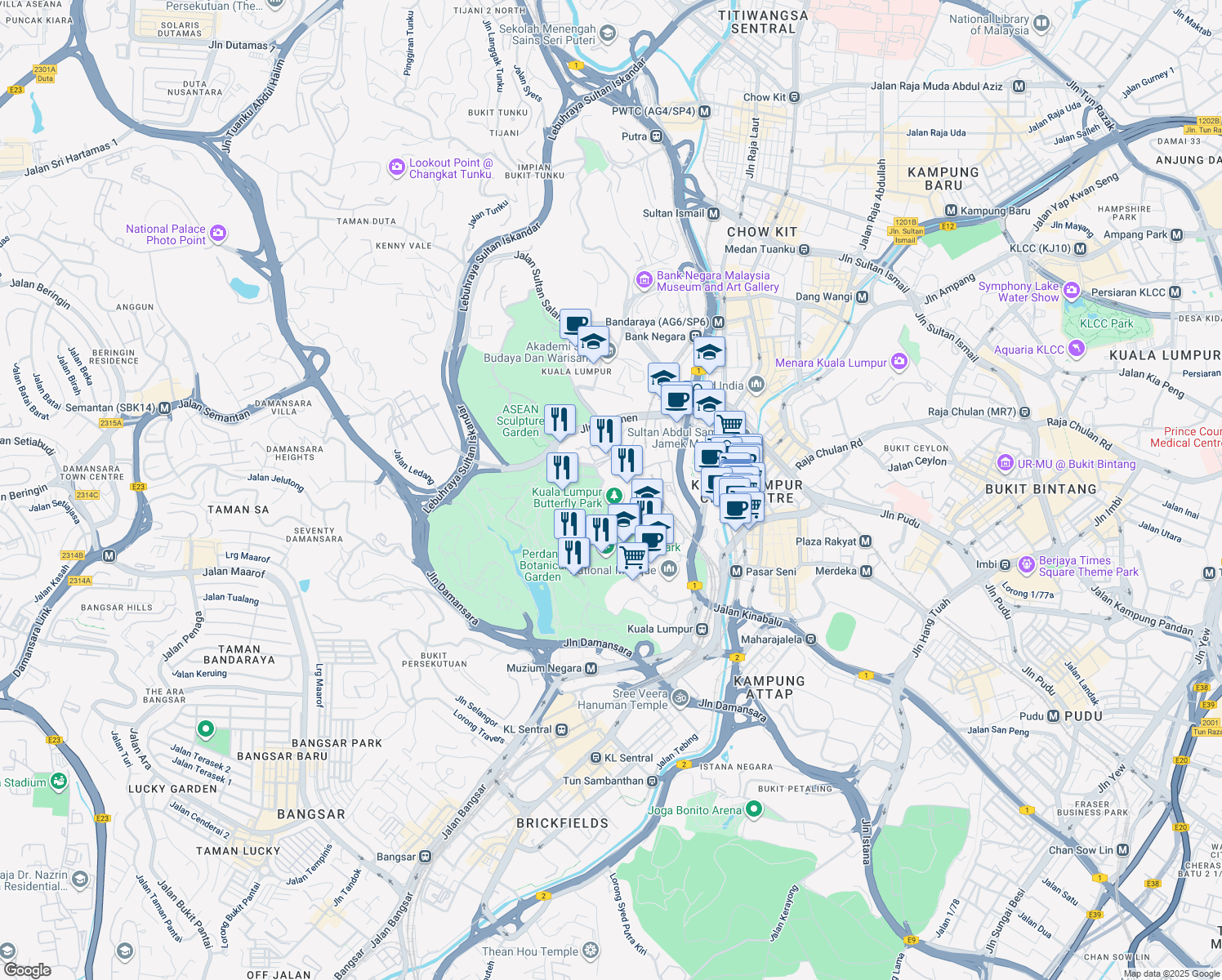 map of restaurants, bars, coffee shops, grocery stores, and more near Jalan Cenderasari in Kuala Lumpur