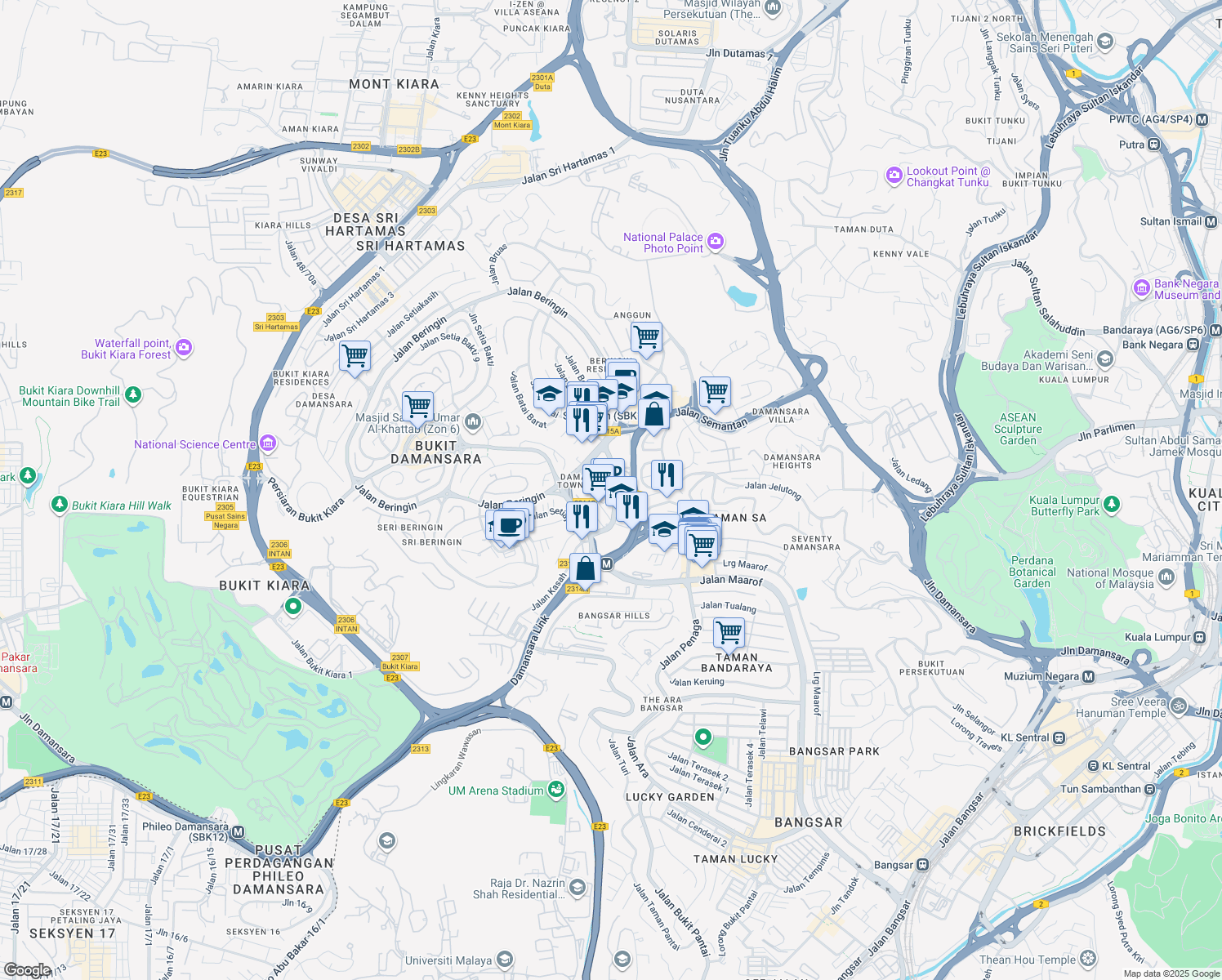 map of restaurants, bars, coffee shops, grocery stores, and more near Jalan Damanlela in Kuala Lumpur