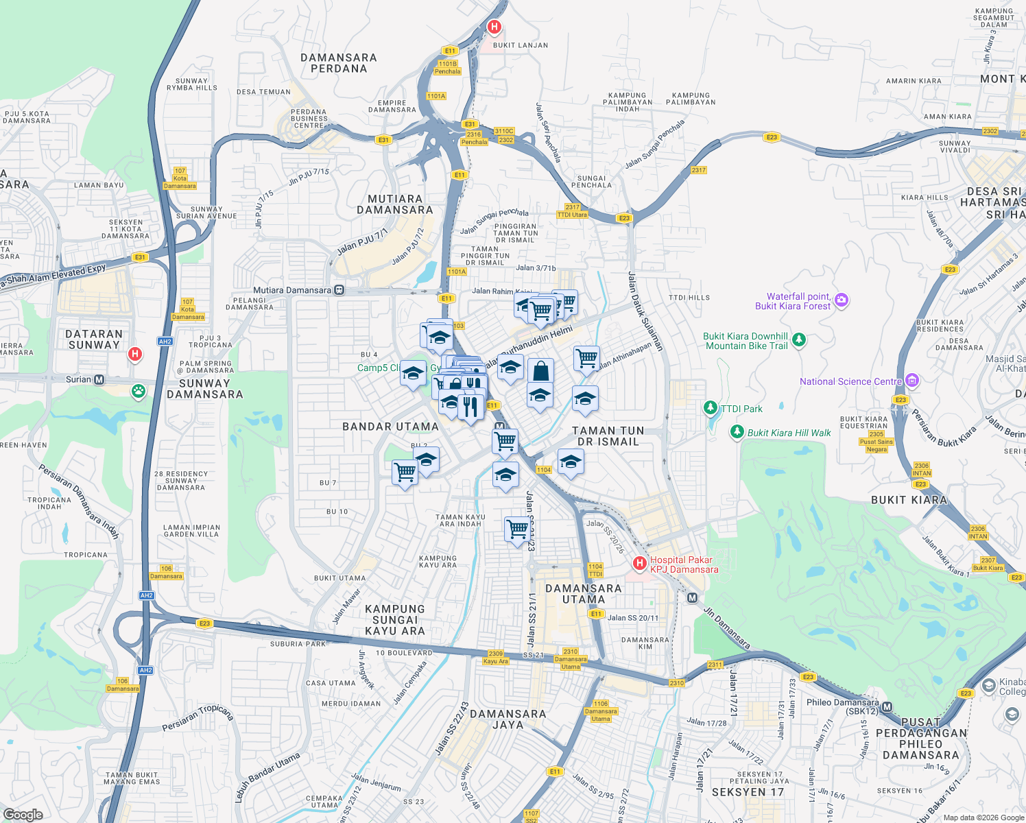 map of restaurants, bars, coffee shops, grocery stores, and more near Jalan Burhanuddin Helmi 2 in Kuala Lumpur