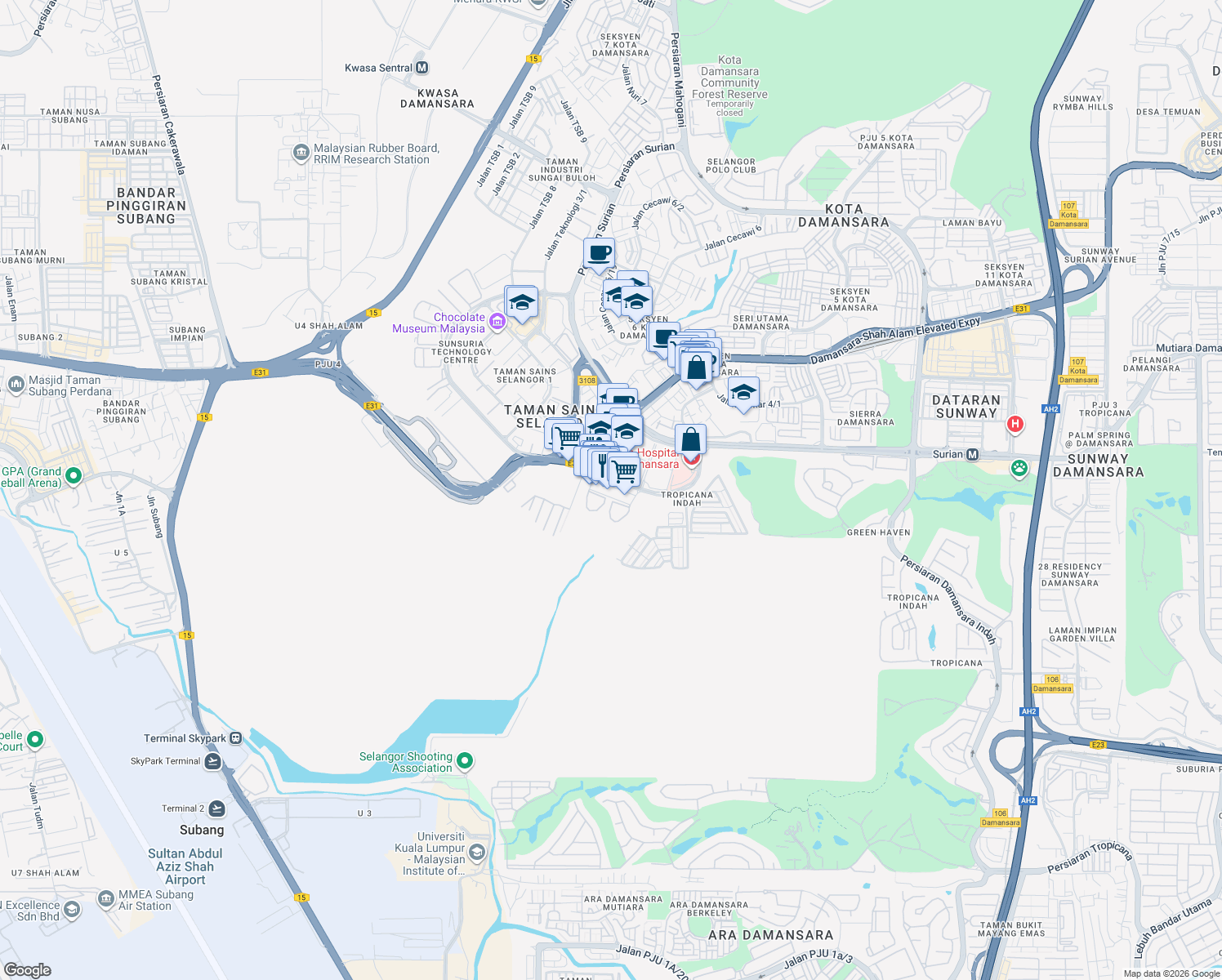 map of restaurants, bars, coffee shops, grocery stores, and more near G.03A Jalan Teknologi in Petaling Jaya